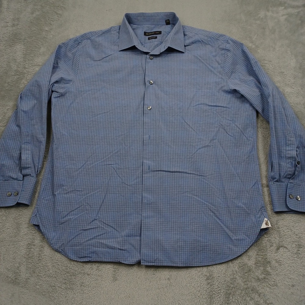 John Varvatos Shirt Mens 17 Blue Plaid Cotton Long Sleeve Preppy